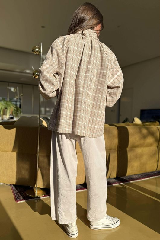 Ophelia Plaid Tie Neck Blouse Mocha /15=